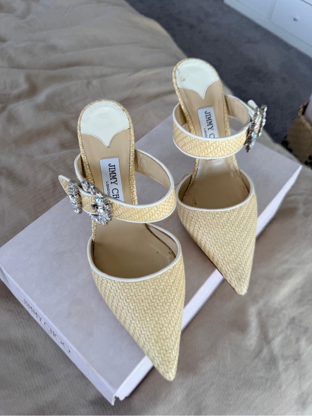 Jimmy Choo Beige Woven Heeled Sandal with Crystal Buckle